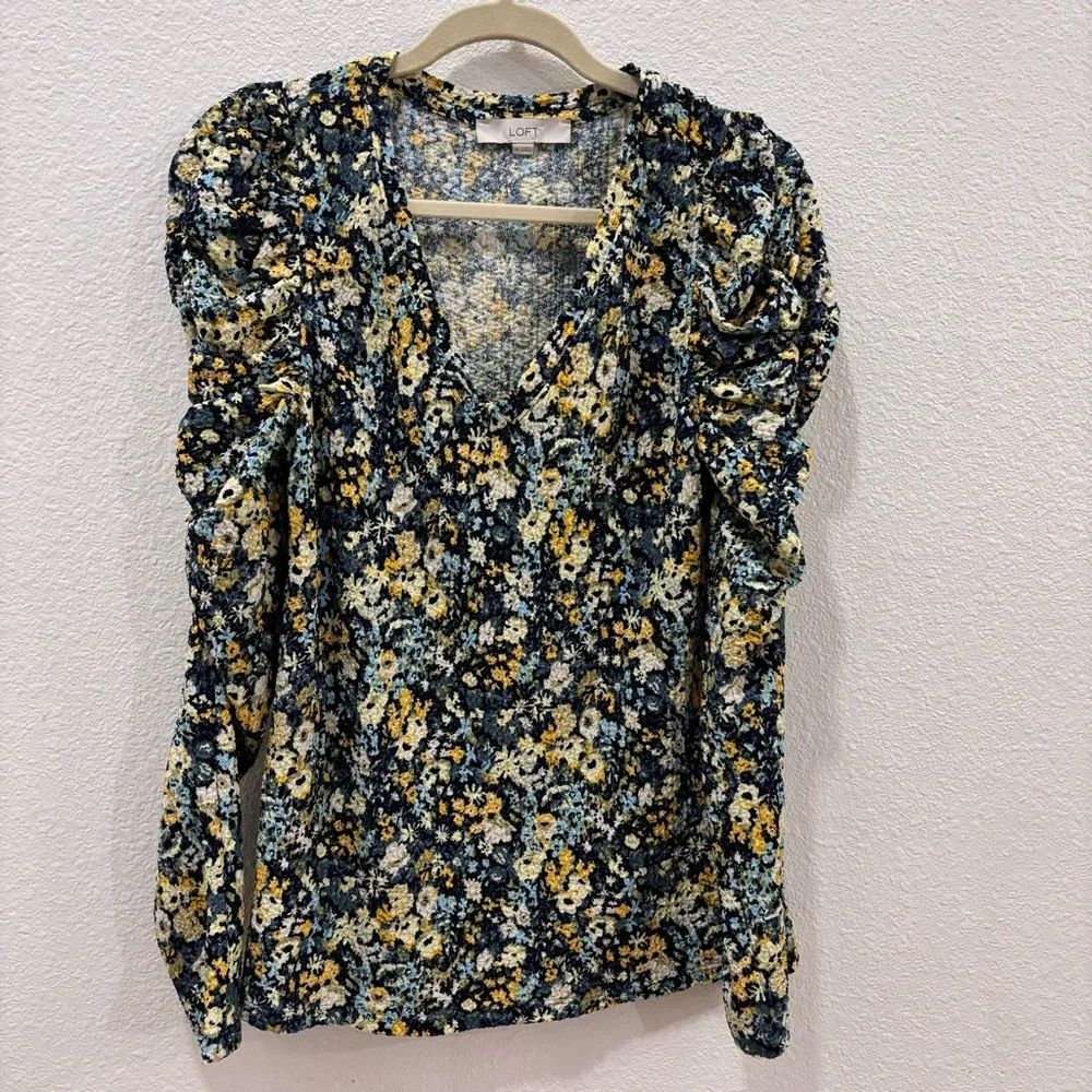 Loft | blue and yellow puff ruched long sleeve shirt